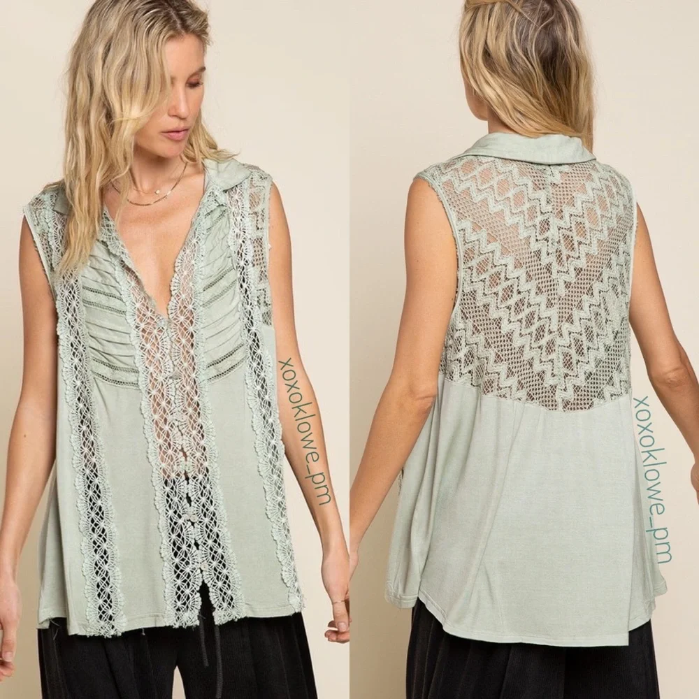 POL Green Pintuck Lace Button Down Top Sleeveless Relaxed Fit - Picture 8 of 11
